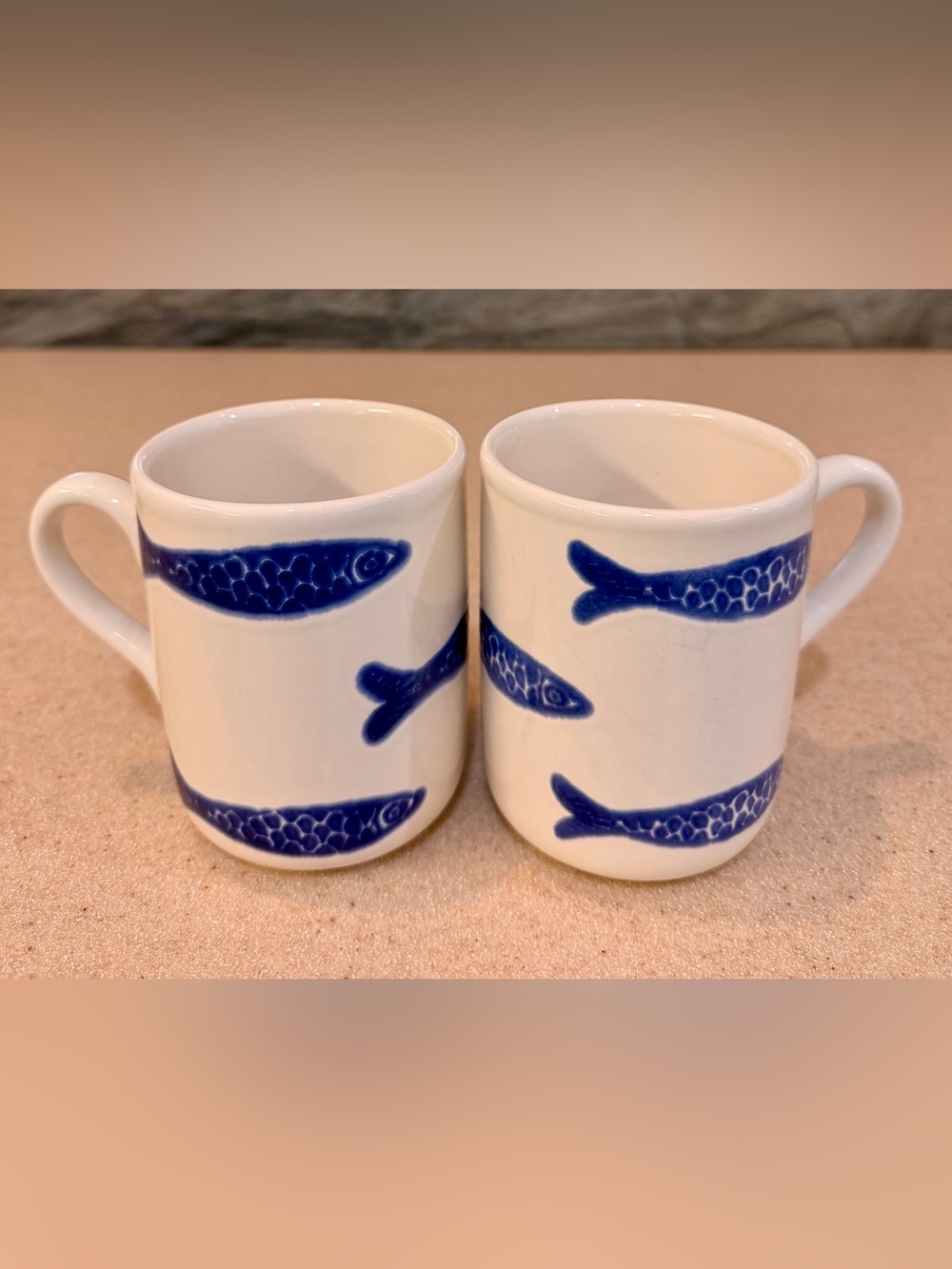 Blue Fish Ceramic Coffee Mugs Tea Cups White & Blue CMG Portugal Tall - Set of 2
